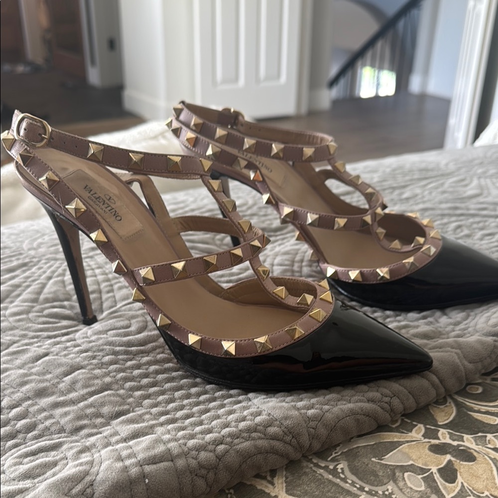 Valentino Black Patent Heels with Tan Studded Straps